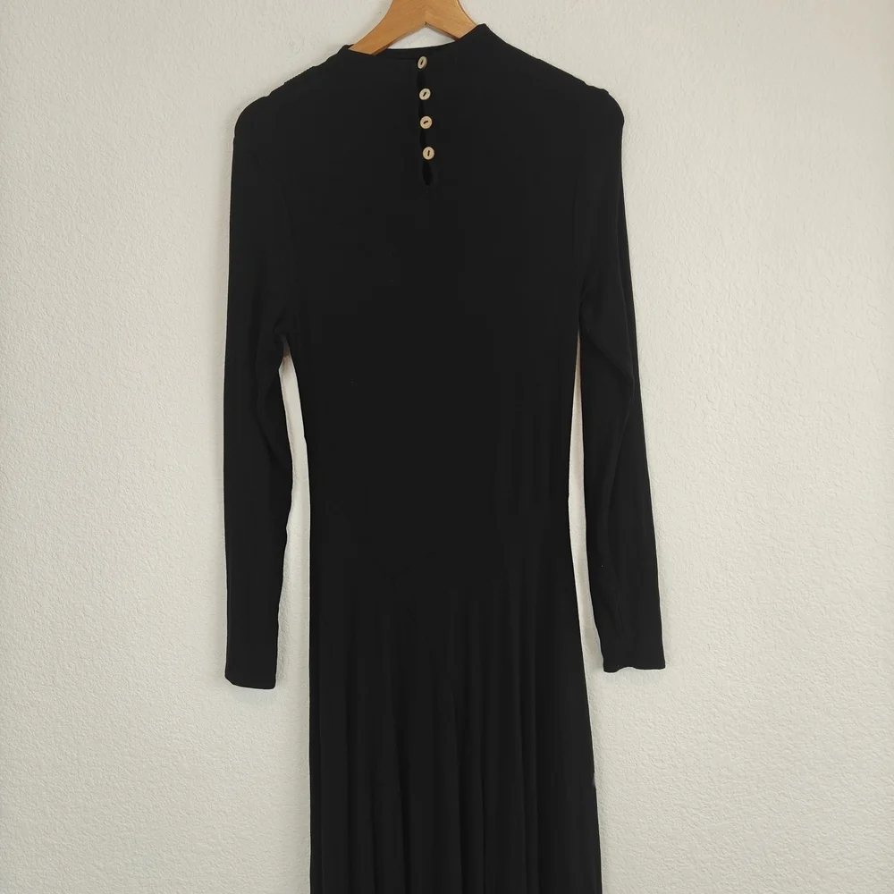Free People “Beach” Black Mock Neck Longline Maxi Dress XS – Stretchy Boho Chic